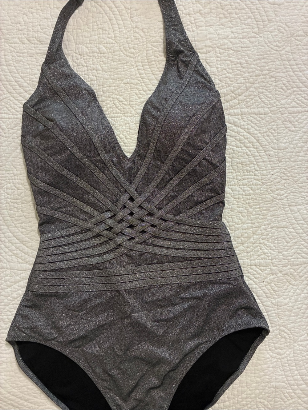 Shimmer Halter One-Piece Swimsuit - Metallic Gray, Gottex, 12